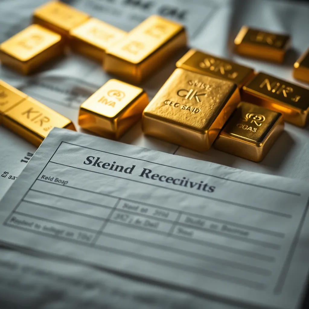 Close-up image of shiny gold bonds certificates with a golden background